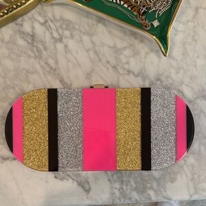 Milly Pink, Gold, and Silver Striped Clutch